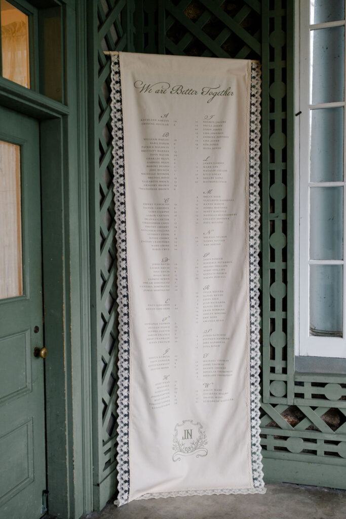 Newport RI Mansion Wedding | Caprio Captured Photography Light and Airy Wedding Photography | A tall, cream-colored banner with intricate lace borders hangs on a green lattice wall. It features the title "We are Better Together," with a list below.