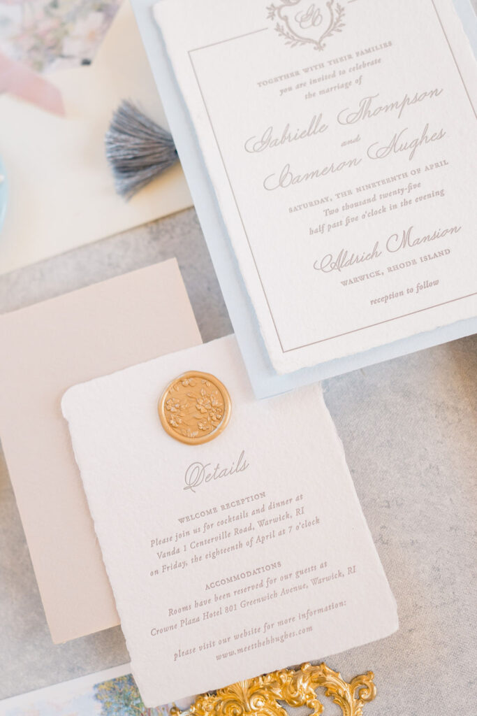 Aldrich Mansion Wedding | Dusty blue invitation suite with blush colors