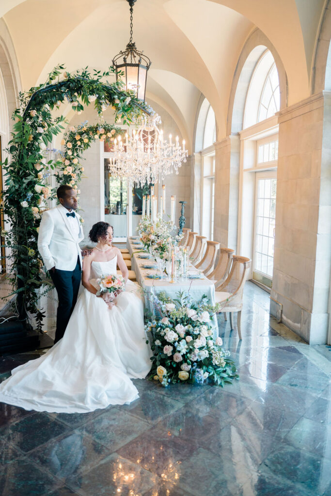 Aldrich Mansion Wedding | Dusty blue reception table with bride and groom