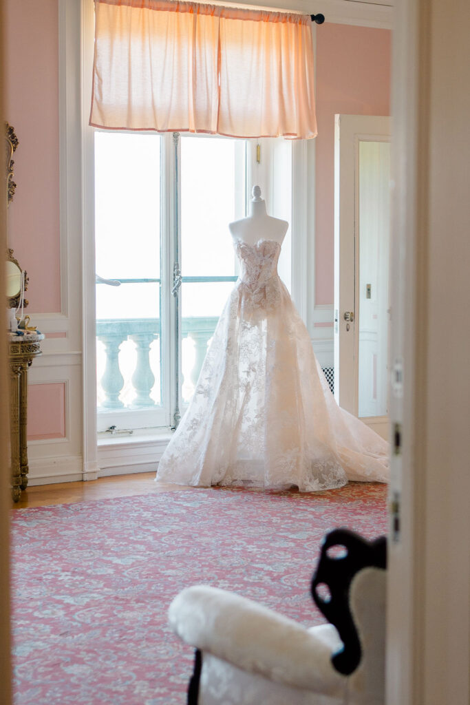 Aldrich Mansion Wedding | Strapless ball gown by the window