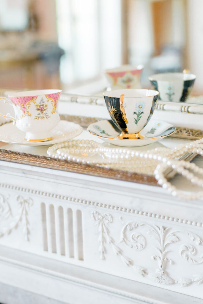 Rosecliff Wedding | Caprio Captured Photography Light and Airy Wedding Photography | Blush tea cups at Aldrich Mansion