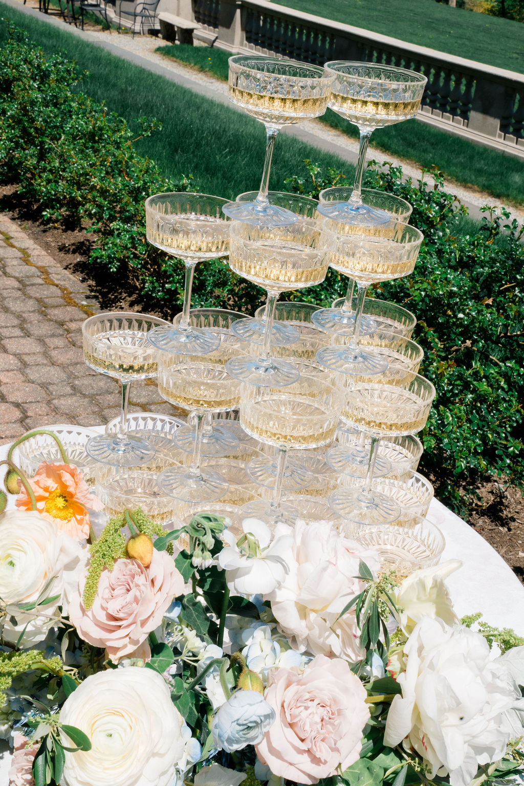 Aldrich Mansion Wedding | Champaign tower with blush florals